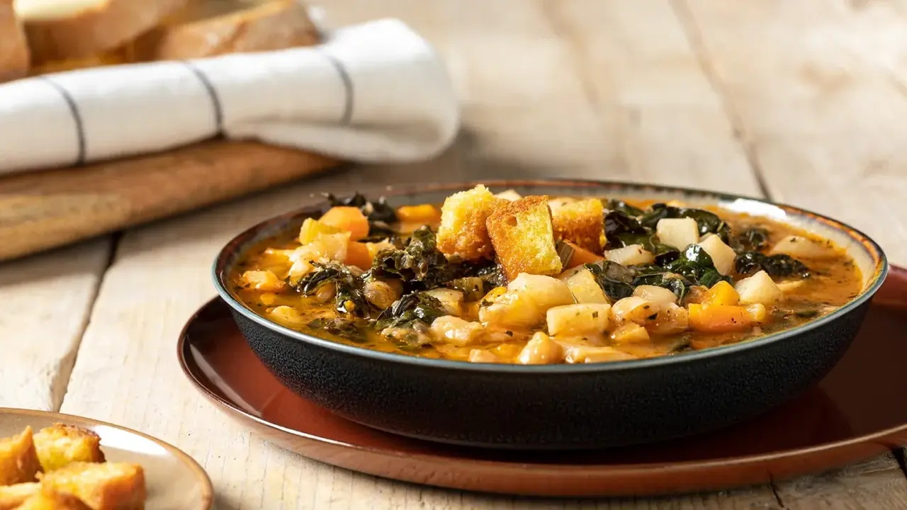 Una ciotola fumante di zuppa di cavolo nero e fagioli cannellini, guarnita con crostini dorati, su un tavolo di legno rustico.