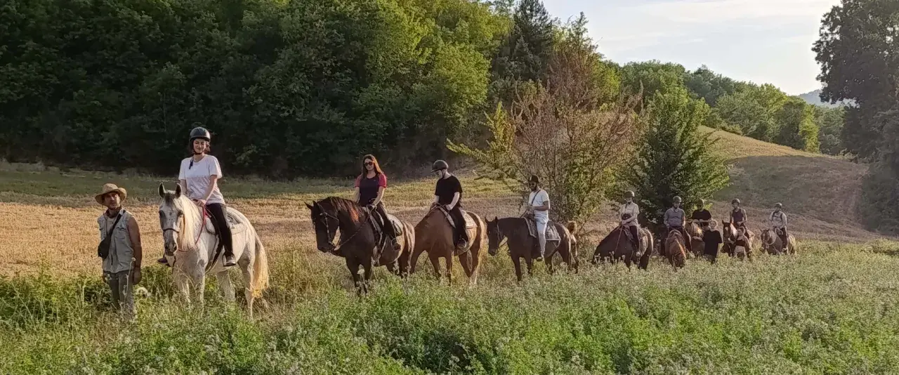 Un gruppo di persone vive un'emozionante passeggiata a cavallo nelle Marche, tra colline verdi e campi dorati.