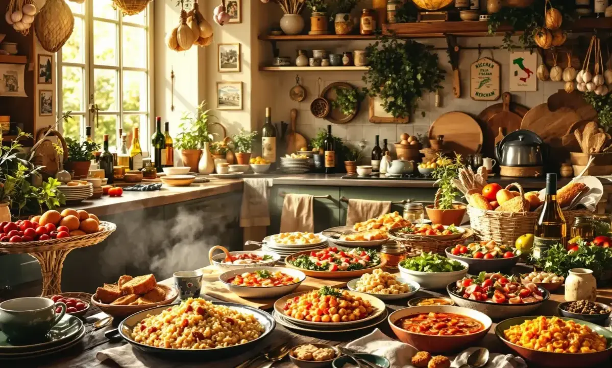 Un banchetto per una vacanza enogastronomica: tavola imbandita con pasta, insalate, pane e vino in una cucina rustica e soleggiata.