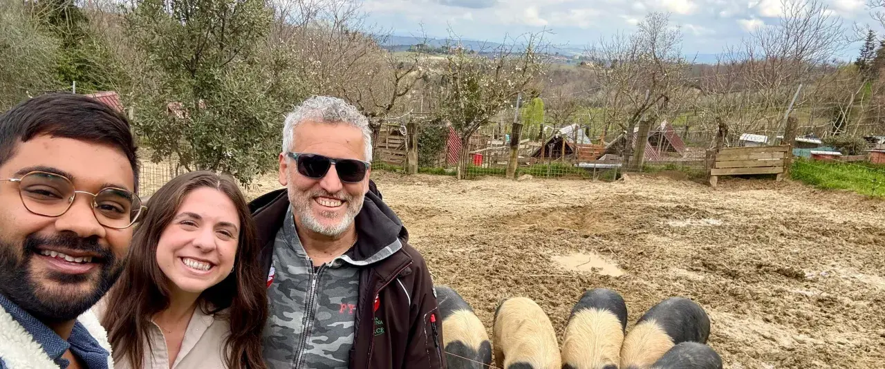 Tre amici sorridono mentre salutano i maiali senesi in un recinto fangoso, con un paesaggio collinare sullo sfondo.