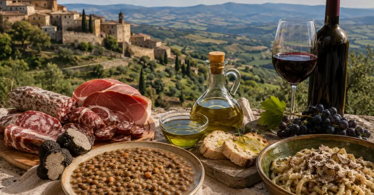 Sapori umbri: salumi, tartufi, lenticchie e vino, perfetti per un tour enogastronomico in Umbria con vista panoramica.