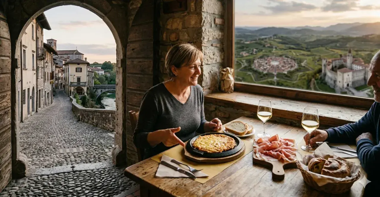 Coppia assapora la gastronomia Friuli Venezia Giulia in un borgo storico, con vista su un castello e colline.