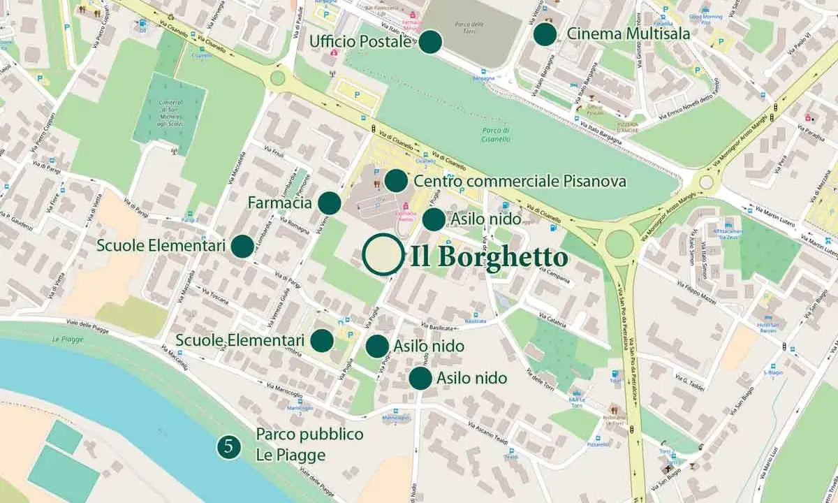 Il Borghetto si trova vicino al parco pubblico Le Piagge, alle scuole elementari e al centro commerciale Pisanova.