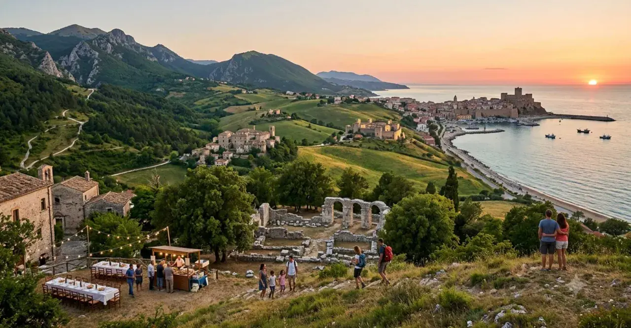 Panoramica mozzafiato dei piccoli paesi del Molise, con rovine antiche, un banchetto all'aperto e una coppia che ammira il tramonto sul mare.