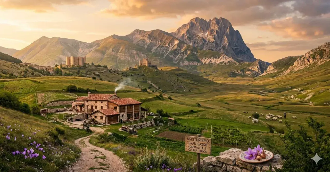 Agriturismi in Abruzzo montagna: un borgo con castelli domina la valle verdeggiante, con un casale fumante e un gregge al pascolo sotto il Gran Sasso.