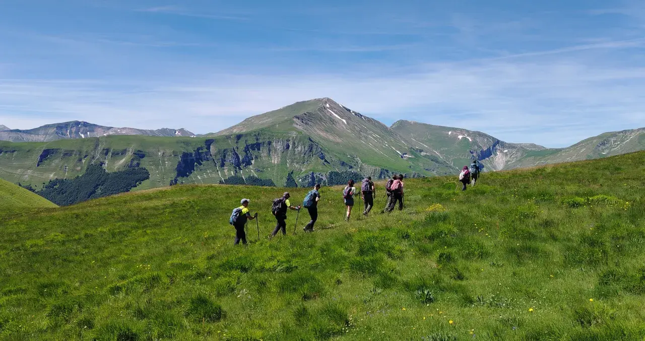 Un gruppo di escursionisti cammina su un prato verdeggiante con montagne sullo sfondo. Le Marche offrono panorami mozzafiato per le escursioni.