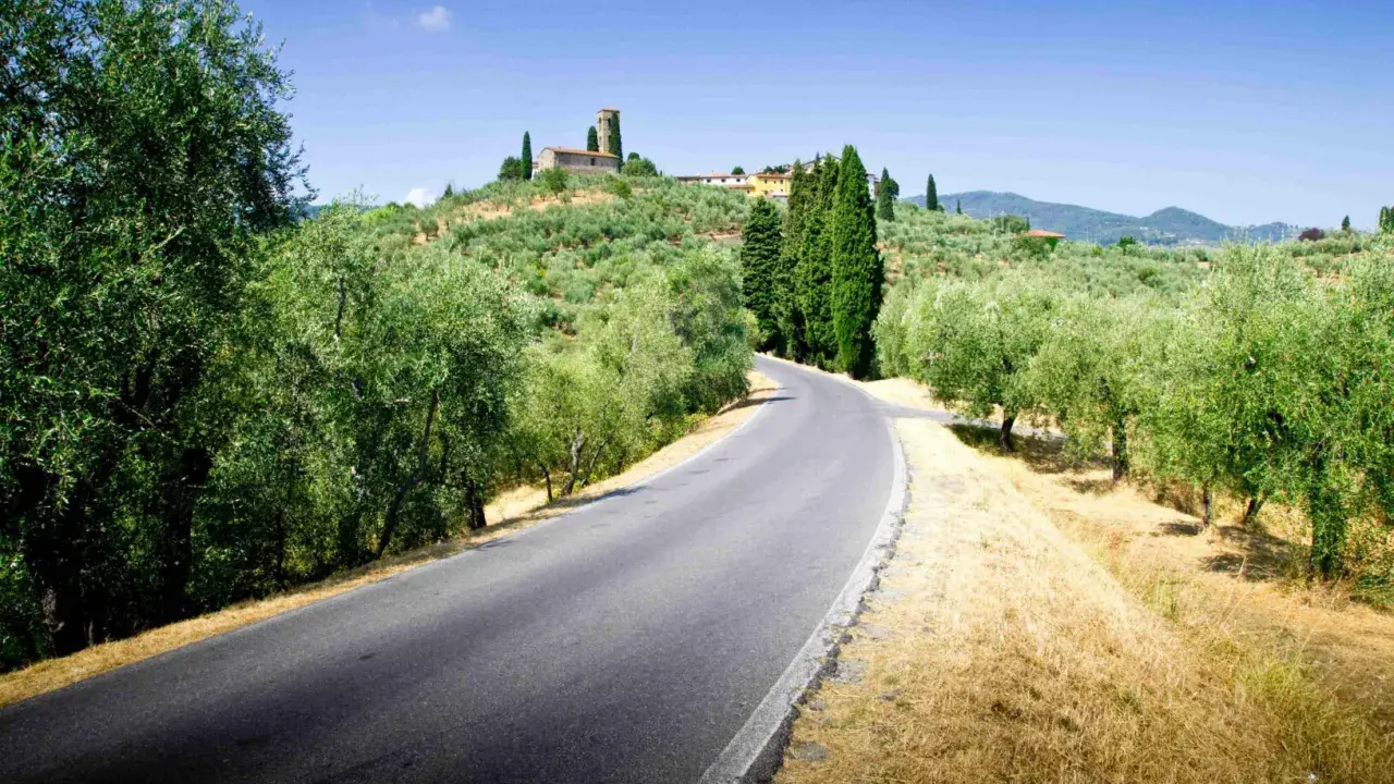 Strade del vino toscana: una curva su un asfalto grigio, circondata da ulivi e cipressi, con un borgo in collina.