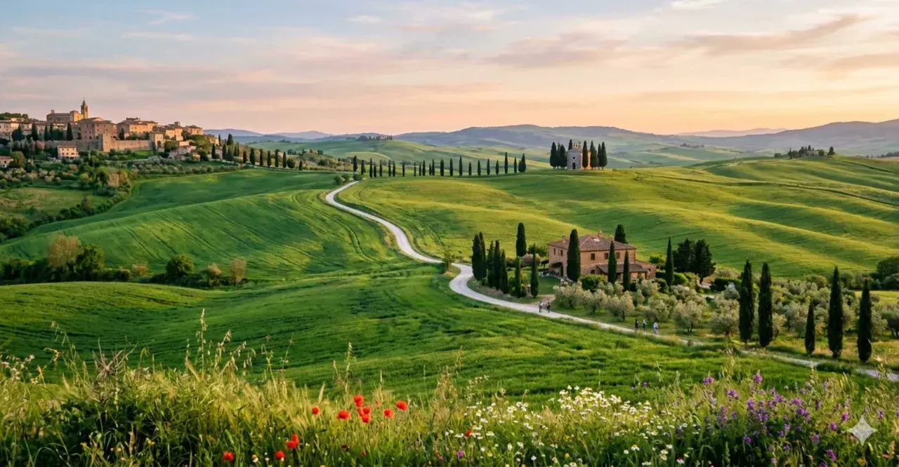 Dolci colline verdi in **Val d'Orcia primavera**, con un casale, cipressi e un borgo all'orizzonte.