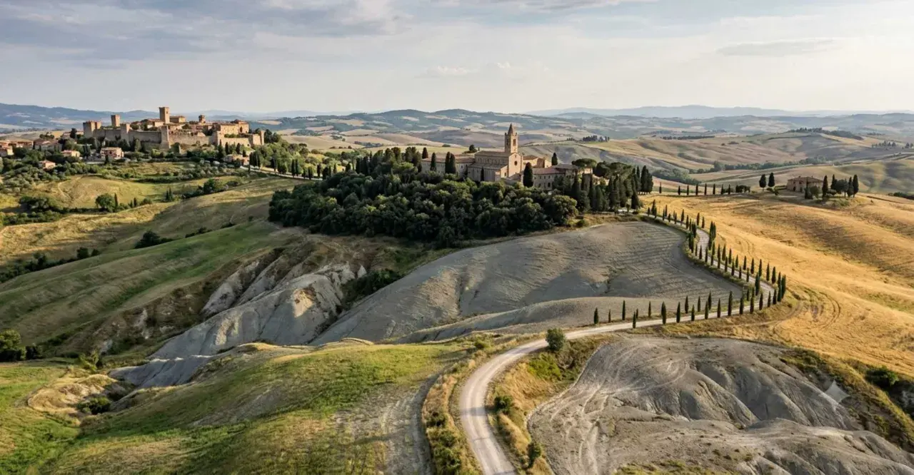 Dolci colline senesi con un borgo medievale e un'abbazia, attraversate da una strada sinuosa fiancheggiata da cipressi.