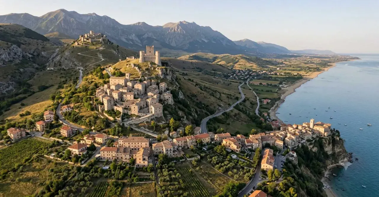 Borghi arroccati sui monti dell'Abruzzo, con castelli medievali e vista sul mare Adriatico.