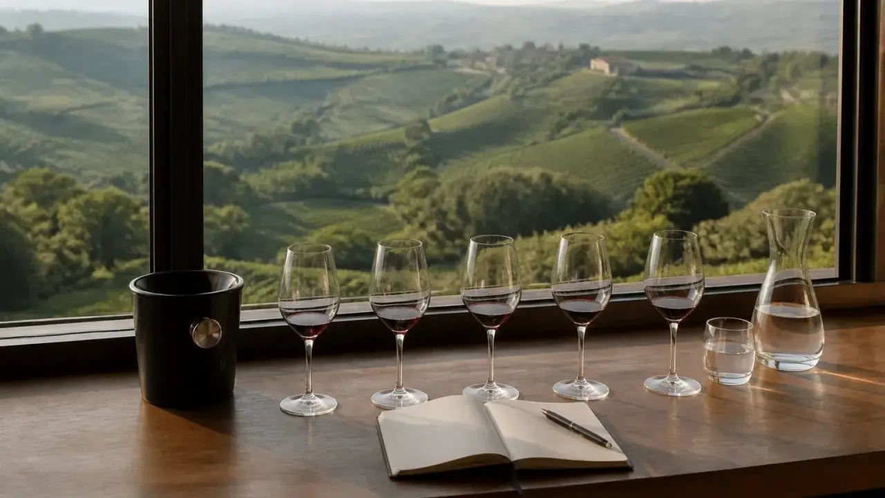 Calici di vino rosso pronti per una degustazione vini Langhe, con un taccuino aperto e un paesaggio collinare sullo sfondo.