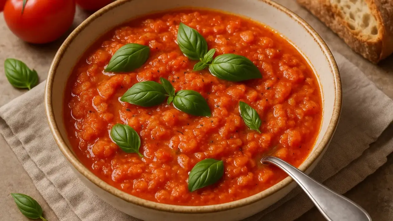 Pappa al pomodoro toscana, una zuppa densa e saporita, guarnita con basilico fresco. Perfetta con pane tostato.