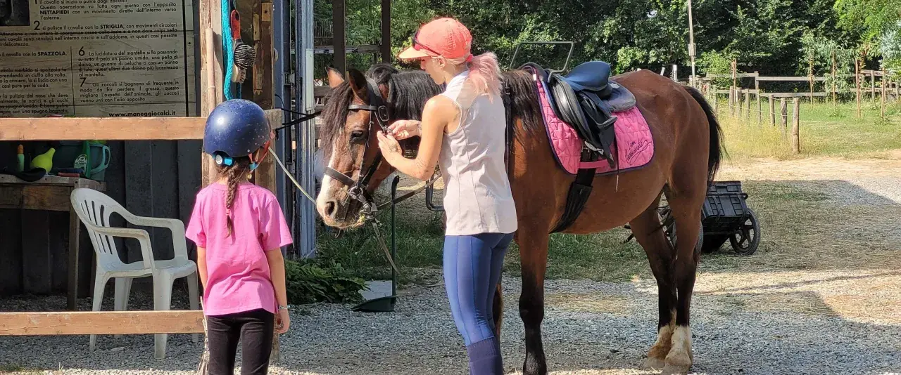 Bambina con casco blu e maglietta rosa osserva un cavallo marrone pronto per un giro a cavallo per bambini. Una ragazza con cappellino arancione prepara il cavallo.