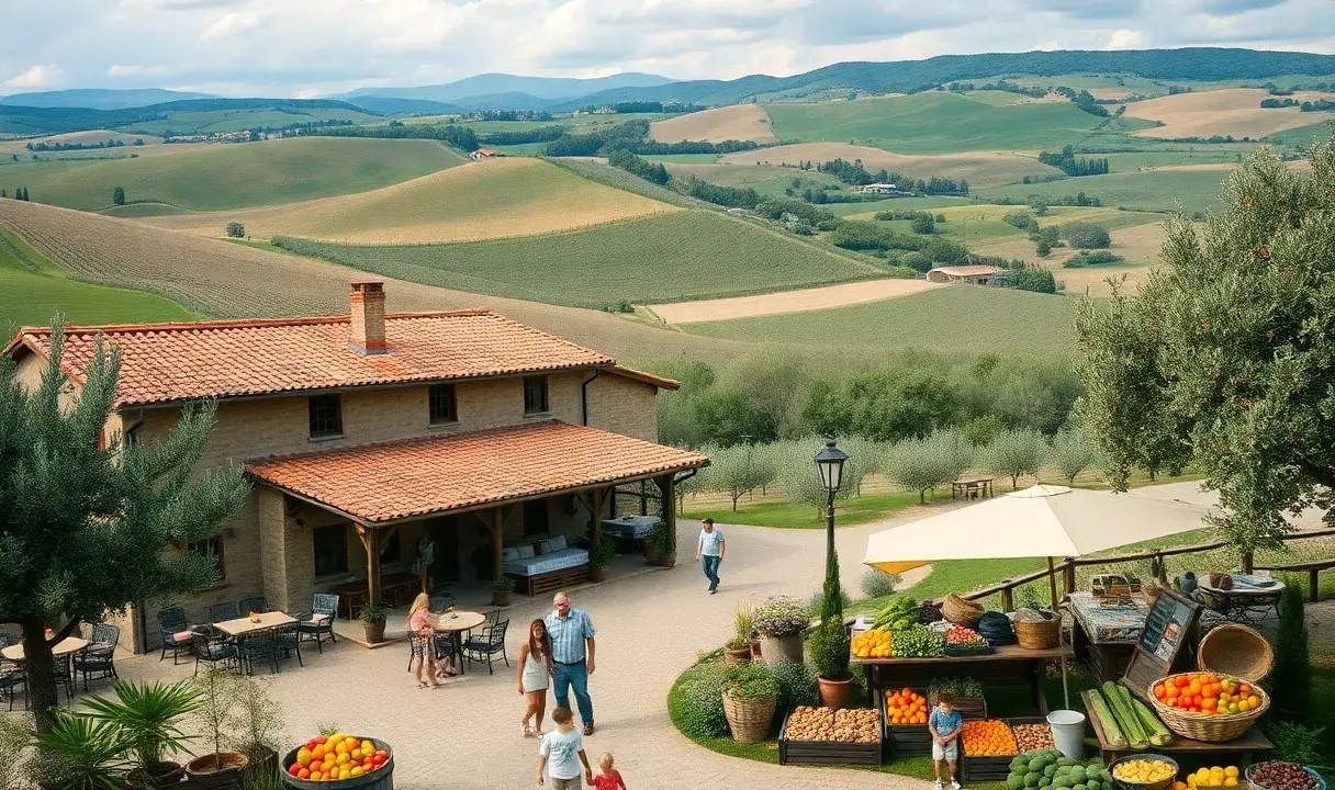 Un incantevole scorcio di un viaggio in Toscana: una casa colonica con tetto in cotto, circondata da dolci colline verdi e un mercato di prodotti freschi.