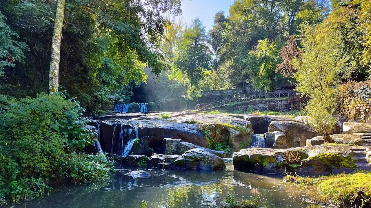 Cascata e rocce muschiose in un bosco lussureggiante, un angolo incantevole della Tuscia Viterbese baciato dal sole.