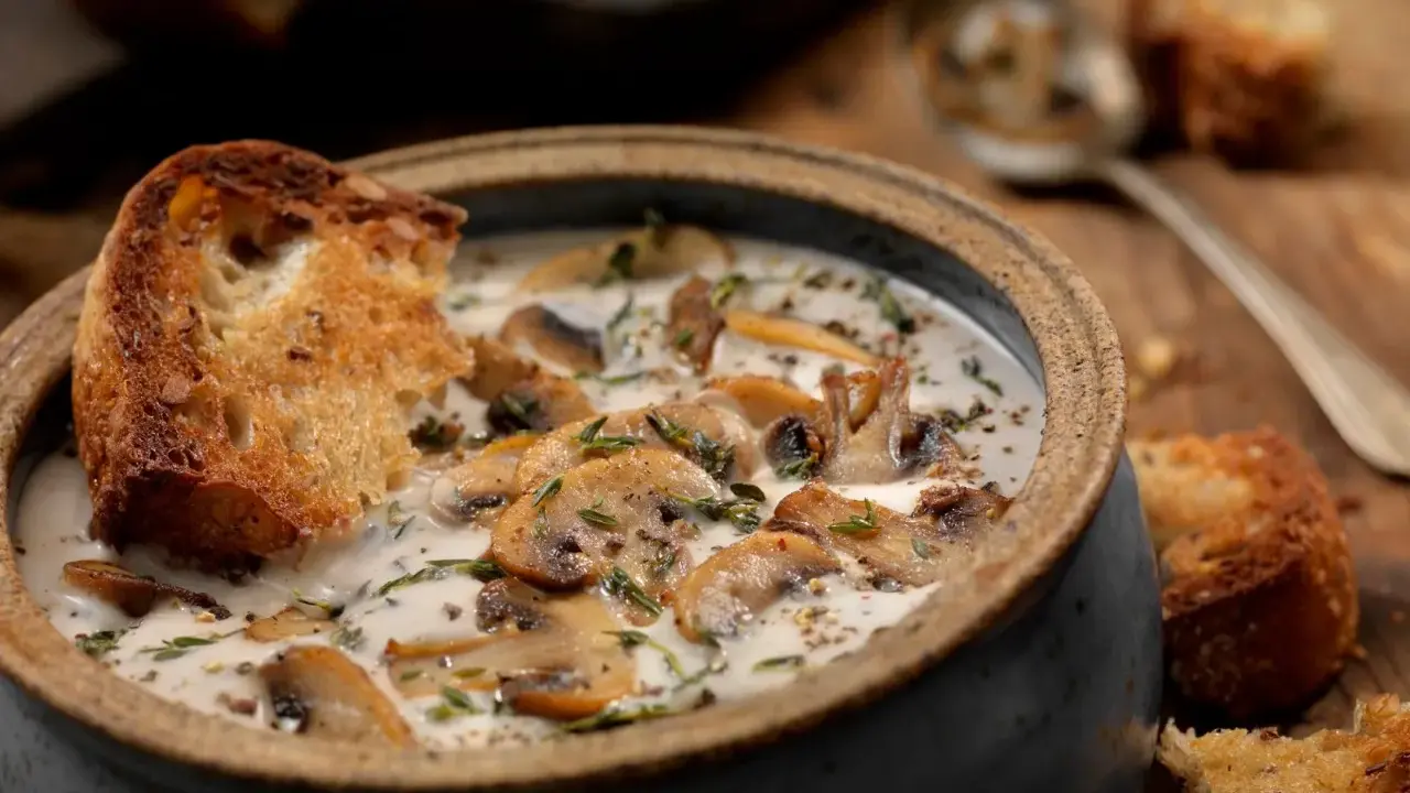 Una cremosa zuppa di funghi toscana, arricchita da erbe aromatiche e servita con crostini di pane abbrustolito.