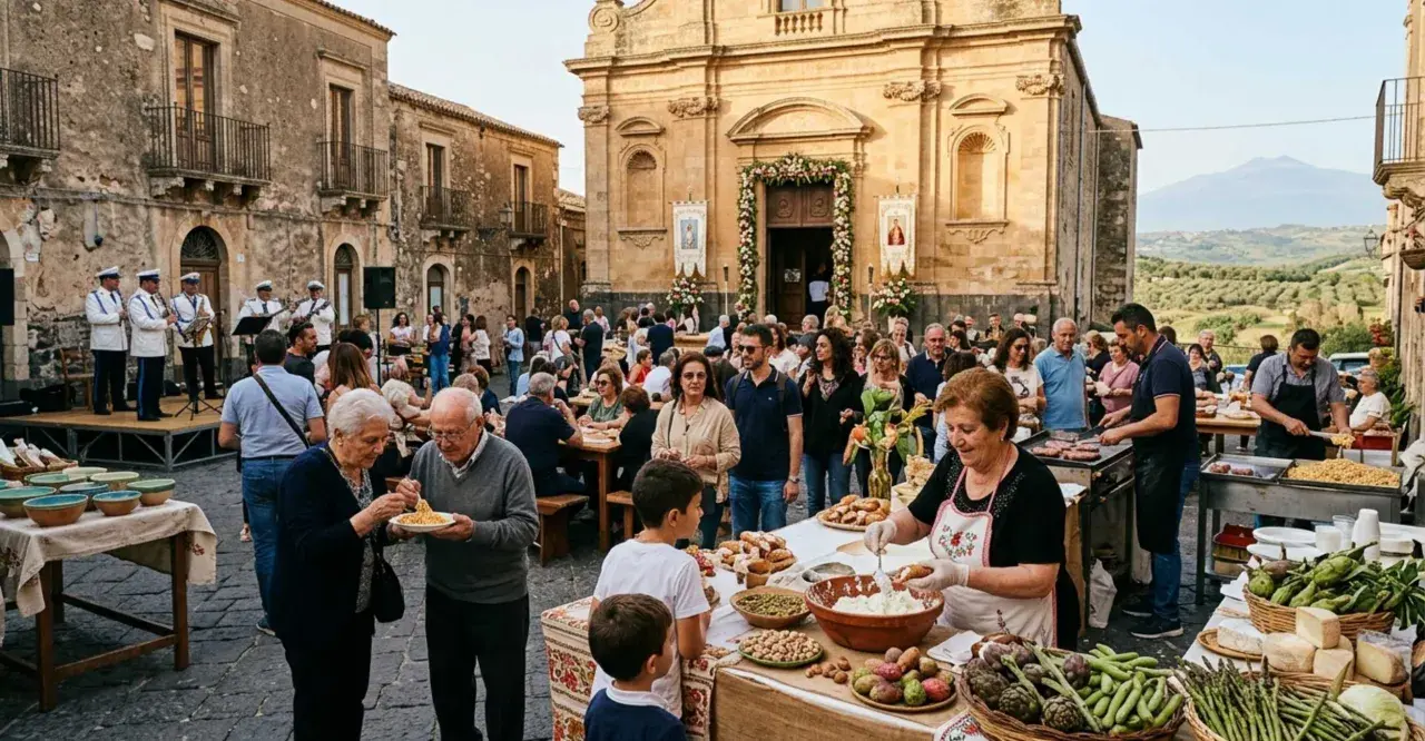 Festa di paese con musica e bancarelle di cibo, un'atmosfera vivace che ricorda le sagre autunnali.