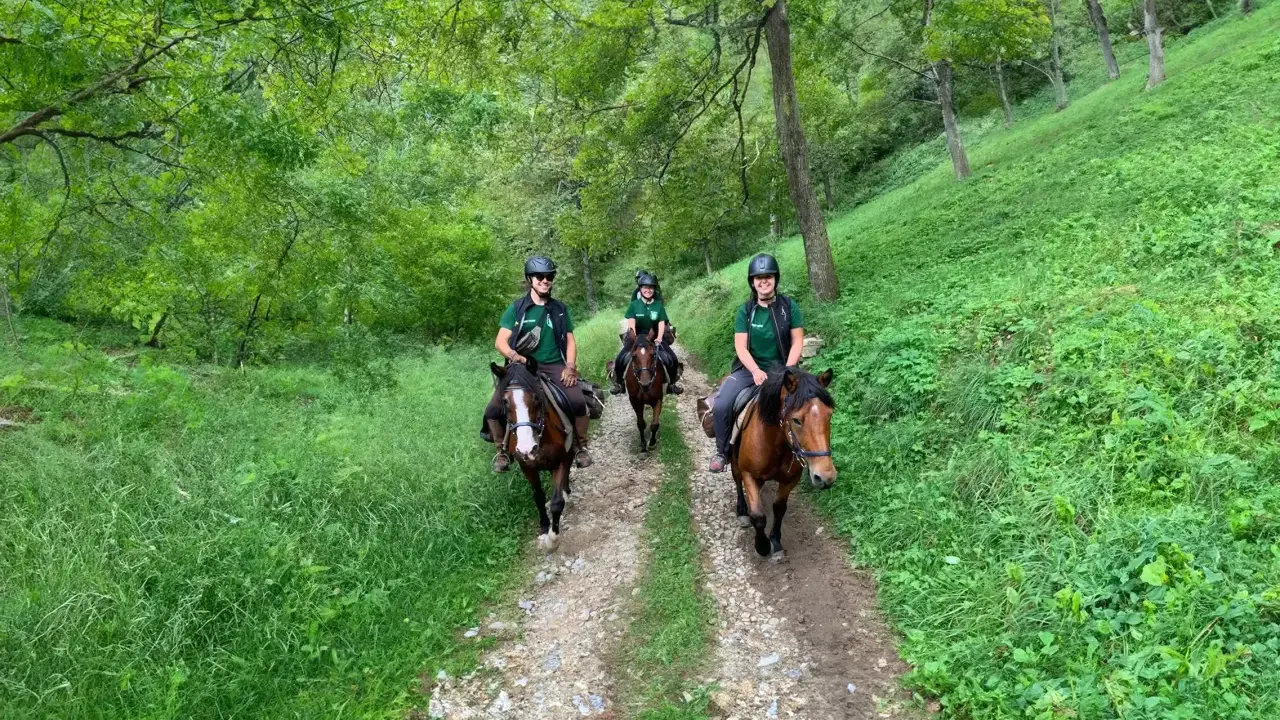 Tre persone fanno passeggiate a cavallo in un bosco verdeggiante in Piemonte.