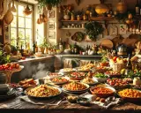 Un banchetto per una vacanza enogastronomica: tavola imbandita con pasta, insalate, pane e vino in una cucina rustica e soleggiata.