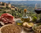 Sapori umbri: salumi, tartufi, lenticchie e vino, perfetti per un tour enogastronomico in Umbria con vista panoramica.