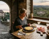 Coppia assapora la gastronomia Friuli Venezia Giulia in un borgo storico, con vista su un castello e colline.