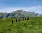 Un gruppo di escursionisti cammina su un prato verdeggiante con montagne sullo sfondo. Le Marche offrono panorami mozzafiato per le escursioni.