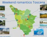Mappa dei borghi vicino Siena e altre mete romantiche in Toscana, con immagini di castelli, canyon, vigneti e agriturismi.