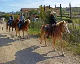 Cavalcata in un maneggio toscana, tra colline verdi e casali antichi.