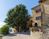 Un casale in pietra con un grande cipresso, tipico degli agriturismi del centro Italia, circondato da fiori in vaso e con un panorama collinare.