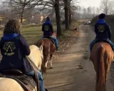 Cavalcata autunnale nei maneggi Piemonte, tre persone a cavallo su un sentiero sterrato tra alberi spogli e campi.