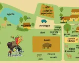 Mappa di una cascina con animali: lama, bisonti, struzzi, asini, conigli, caviette, pecorelle nane, caprette tibetane, pavoni, galline, oche, colombi, alpaca, dromedari e mucca Highland.