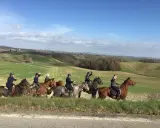 Un gruppo di persone in sella a cavalli attraversa un paesaggio collinare verdeggiante, godendosi le loro vacanze a cavallo sotto un cielo azzurro.