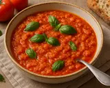 Pappa al pomodoro toscana, una zuppa densa e saporita, guarnita con basilico fresco. Perfetta con pane tostato.