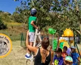 Bambini partecipano a un'attività fattoria didattica, raccogliendo frutti da un albero.
