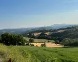 Due persone in sella a cavalli godono di splendide passeggiate a cavallo in Umbria, tra colline verdi e campi dorati.