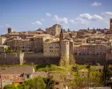 Panoramica di un borgo medievale toscano, con case in pietra e tetti in cotto, che si estende su una collina. Una dettagliata cartina borghi toscana potrebbe mostrare questo luogo.
