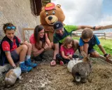 Bambini e adulti interagiscono con conigli in un recinto, parte di un'esperienza in fattorie didattiche. Un personaggio con costume da orso sorride.