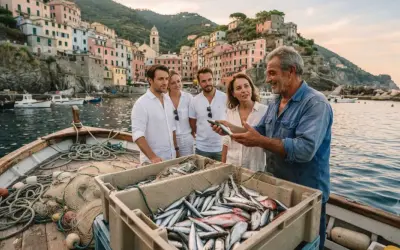 Un pescatore mostra il suo pescato a turisti in barca, un'esperienza di pescaturismo con le case colorate di Riomaggiore sullo sfondo.