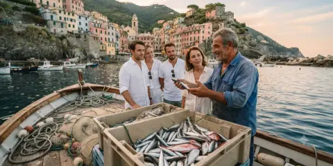 Un pescatore mostra il suo pescato a turisti in barca, un'esperienza di pescaturismo con le case colorate di Riomaggiore sullo sfondo.