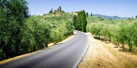 Strade del vino toscana: una curva su un asfalto grigio, circondata da ulivi e cipressi, con un borgo in collina.