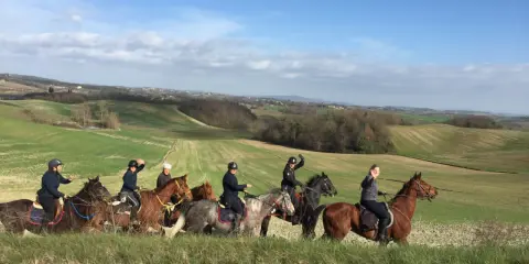 Un gruppo di persone in sella a cavalli attraversa un paesaggio collinare verdeggiante, godendosi le loro vacanze a cavallo sotto un cielo azzurro.
