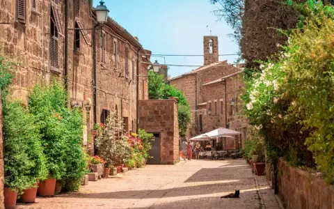 Un borgo medievale con case in pietra, fiori colorati e un gatto nero che riposa al sole. Un'idea per scoprire i paesi vicino a Grosseto da visitare.