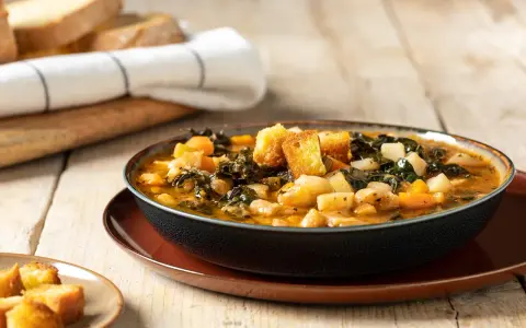 Una ciotola fumante di zuppa di cavolo nero e fagioli cannellini, guarnita con crostini dorati, su un tavolo di legno rustico.
