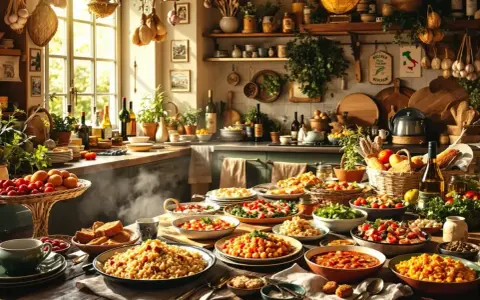 Un banchetto per una vacanza enogastronomica: tavola imbandita con pasta, insalate, pane e vino in una cucina rustica e soleggiata.