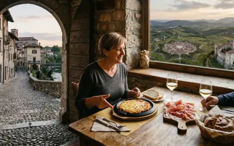 Coppia assapora la gastronomia Friuli Venezia Giulia in un borgo storico, con vista su un castello e colline.