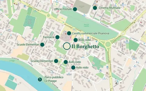 Il Borghetto si trova vicino al parco pubblico Le Piagge, alle scuole elementari e al centro commerciale Pisanova.
