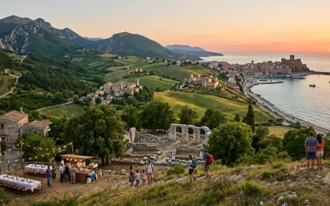 Panoramica mozzafiato dei piccoli paesi del Molise, con rovine antiche, un banchetto all'aperto e una coppia che ammira il tramonto sul mare.