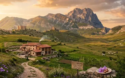 Agriturismi in Abruzzo montagna: un borgo con castelli domina la valle verdeggiante, con un casale fumante e un gregge al pascolo sotto il Gran Sasso.