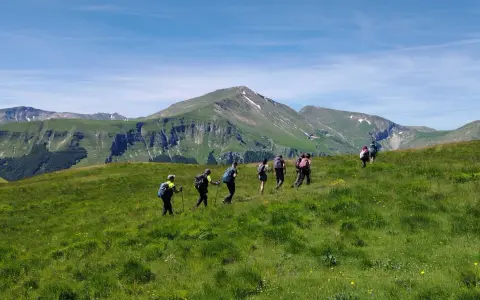 Un gruppo di escursionisti cammina su un prato verdeggiante con montagne sullo sfondo. Le Marche offrono panorami mozzafiato per le escursioni.