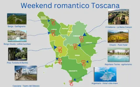 Mappa dei borghi vicino Siena e altre mete romantiche in Toscana, con immagini di castelli, canyon, vigneti e agriturismi.